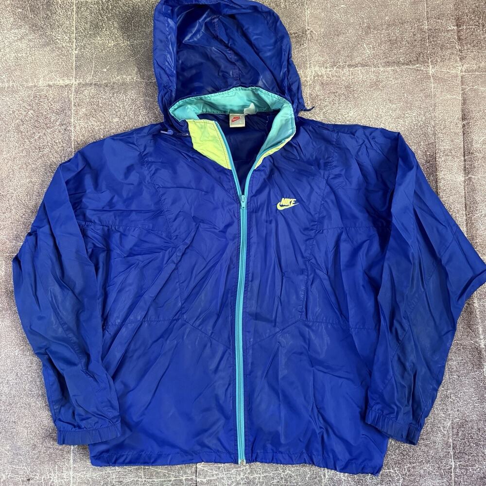 Men's Vintage 90's Nike Gray Tag Navy Blue Volt Hooded Windbreaker Jacket Sz L